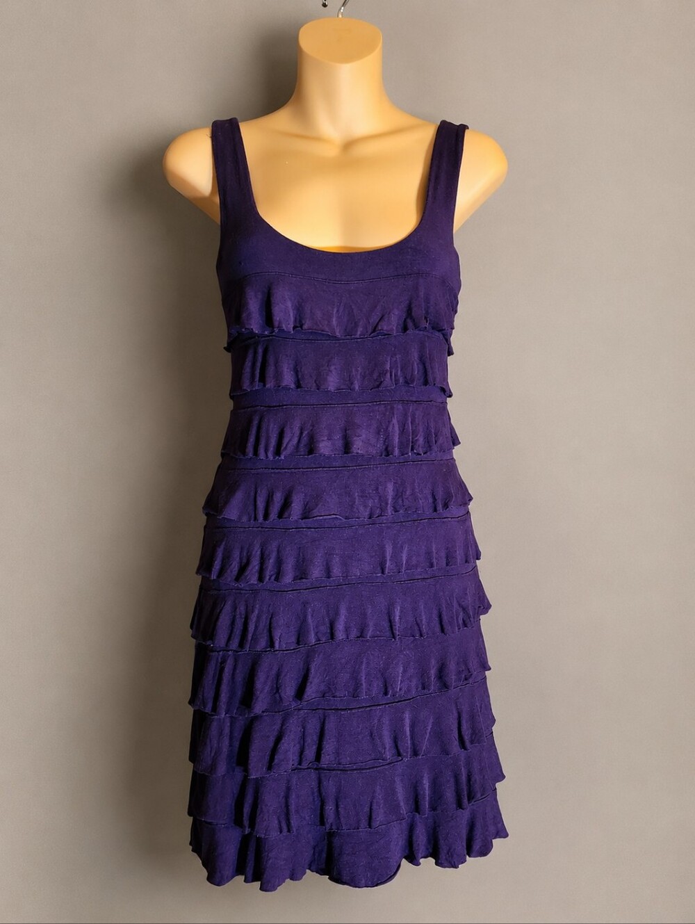 Dress Barn Dark Purple Tiered Ruffle Dress Size Small Sleeveless Stretch Knit